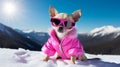 A happy, active, small, cheerful dog in a pink jacket and glasses runs through the snow overlooking a snowy landscape of