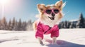 A happy, active, small, cheerful dog in a pink jacket and glasses runs through the snow overlooking a snowy landscape of