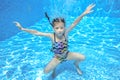 Happy active underwater child swims in pool Royalty Free Stock Photo