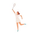 Happy active woman playing badminton vector flat illustration. Smiling female in sportswear holding racket hitting