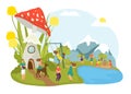 Happy activity, children play at summer pond background vector illustration. Boy girl cartoon people have fun at nature Royalty Free Stock Photo