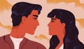 Happy adorable couple in love. Portrait of young man and woman looking at each other. Pair of romantic partners on date