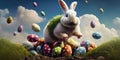 Happy adorable, fluffy, cute Easter Bunny jumping out of many colorful ornamental easter eggs in nature outdoor scenery. Royalty Free Stock Photo