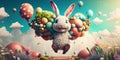 Happy adorable, fluffy, cute Easter Bunny jumping out of many colorful ornamental easter eggs in nature outdoor scenery. Royalty Free Stock Photo