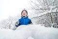 kid boy in winter, lots of snow, happy day