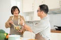 A happy adult Asian husband is showing his thumb up to his wife while enjoying cooking in the kitchen together Royalty Free Stock Photo