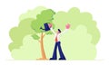 Happy Adult Business Man Character Wearing Formal Suit Watering Trees in Garden with Water Can. Life Cycle, Time Line and Growth
