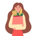 Happy adult female holding paper bag full of groceries vector illustration. Royalty Free Stock Photo