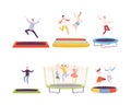 Happy adult people and children jumping on trampolines set. Energetic people bouncing and having fun flat vector