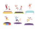 Happy adult people and children jumping on trampolines set flat vector illustration