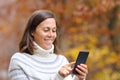 Happy adult woman using smart phone in autumn in a park Royalty Free Stock Photo