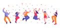 Happy adults celebrating. Jump people and falling confetti. Fun jumping young person, isolated celebration of people