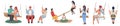 Happy adults, male female characters swinging on playground swings, vector isolated illustration. Summer outdoor leisure