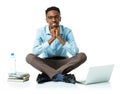 Happy african american college student with laptop, books and bo Royalty Free Stock Photo