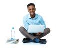 Happy african american college student sitting with laptop on white Royalty Free Stock Photo