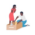 Happy african american couple find homeless cats flat color vector detailed characters