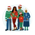 Happy african american family at Christmas staying together. Kids with parents and grandparents. Cute vector illustration drawing