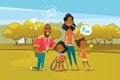 Happy African American family with disabled girl sitting in wheelchair and holding basketball ball. Concept of parents