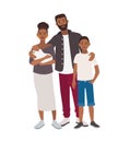 Happy african american family. Father, mother holding newborn child and teenage son standing together. Cute flat cartoon