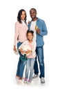 happy african american family with globe, money and credit card smiling at camera