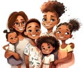 Happy African American family. Grandmother with daughter and grandchildren. Cartoon illustration of family day