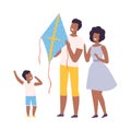 Happy African American Family Having Fun with Flying Kite, Mother, Father and Son Launching Kite, Outdoor Recreational Royalty Free Stock Photo