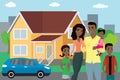 Happy african american family, house and car in the background Royalty Free Stock Photo