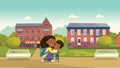 Happy African American family hugging to each other on summer city street vector flat illustration