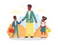 Happy african american family with kids walking to school a vector illustration. Royalty Free Stock Photo