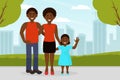 Happy African American family walking outdoors. Mom, dad and their daughter having good time in park cartoon vector Royalty Free Stock Photo