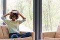 Black woman using VR headset glasses of virtual reality Royalty Free Stock Photo