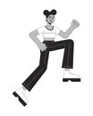 Happy african american girl running flat line black white vector character