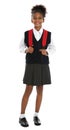 Happy African-American girl in school uniform on white