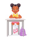 Happy African American girl sitting at the desk. Cartoon vector illustration. Royalty Free Stock Photo