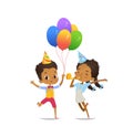 Happy African-American Kids with the balloons and birthday hat happily jumping on white background. Vector illustration Royalty Free Stock Photo