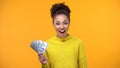 Happy African-American lady showing bunch of dollars on camera, high-paid job Royalty Free Stock Photo