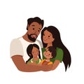 Happy African American or Latin family with dark skin and black hair together. International family day. Dad hugs mom