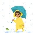 Happy African American Little Boy in Yellow Raincoat Holding an Umbrella Vector