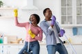 Happy african american lovers singing songs while house-keeping in kitchen Royalty Free Stock Photo