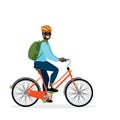 Happy african american male bicyclist with backpack