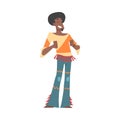 Happy African American Man Character, Man Hippie Wearing Retro Style Clothing, Flared Jeans and Colorful Shirt Cartoon