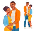 Happy African American man holding belly of his pregnant wife. Vector illustration. Royalty Free Stock Photo