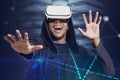Happy african american man in vr glasses, graphs Royalty Free Stock Photo