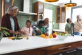 Happy african american multi generation family chopping vegetables in kitchen, slow motion Royalty Free Stock Photo