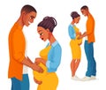 Happy African American pregnant couple expecting baby. Vector illustration. Royalty Free Stock Photo