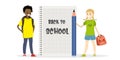 Happy african american schoolboy, caucasian kid schoolgirl with big pencil and school bag Royalty Free Stock Photo