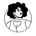 Happy african american woman avatar in circle. Smiling girl with heart neckline, afro hairstyle head portrait in round