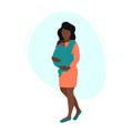 Happy african american woman with baby carrier. Mother holding newborn in sling. Child is wrapped in babycarrier and sleeping.