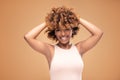 Happy african american woman smiling. Beauty female portrait. Young emotional afro woman Royalty Free Stock Photo