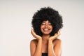 Happy african american woman smiling. Beauty female portrait. Young emotional afro woman Royalty Free Stock Photo